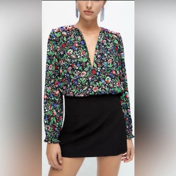 Zara Tops - Zara Women's Floral Print Shoulder Pad Patchwork Blouse Top Size Small